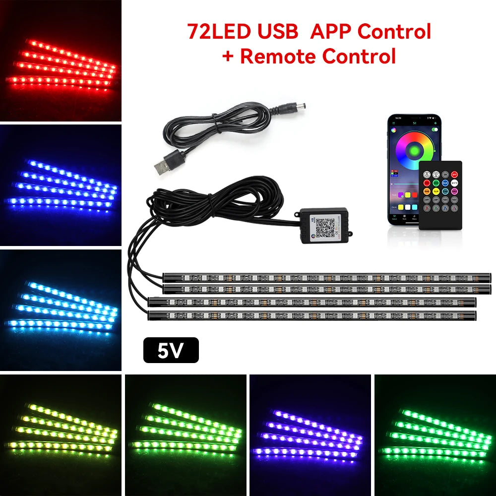 Neon 36 48 72 LED Car Interior Ambient Foot Light Kit Backlight Remote App Music Control Auto RGB Atmosphere Decorative Lamp