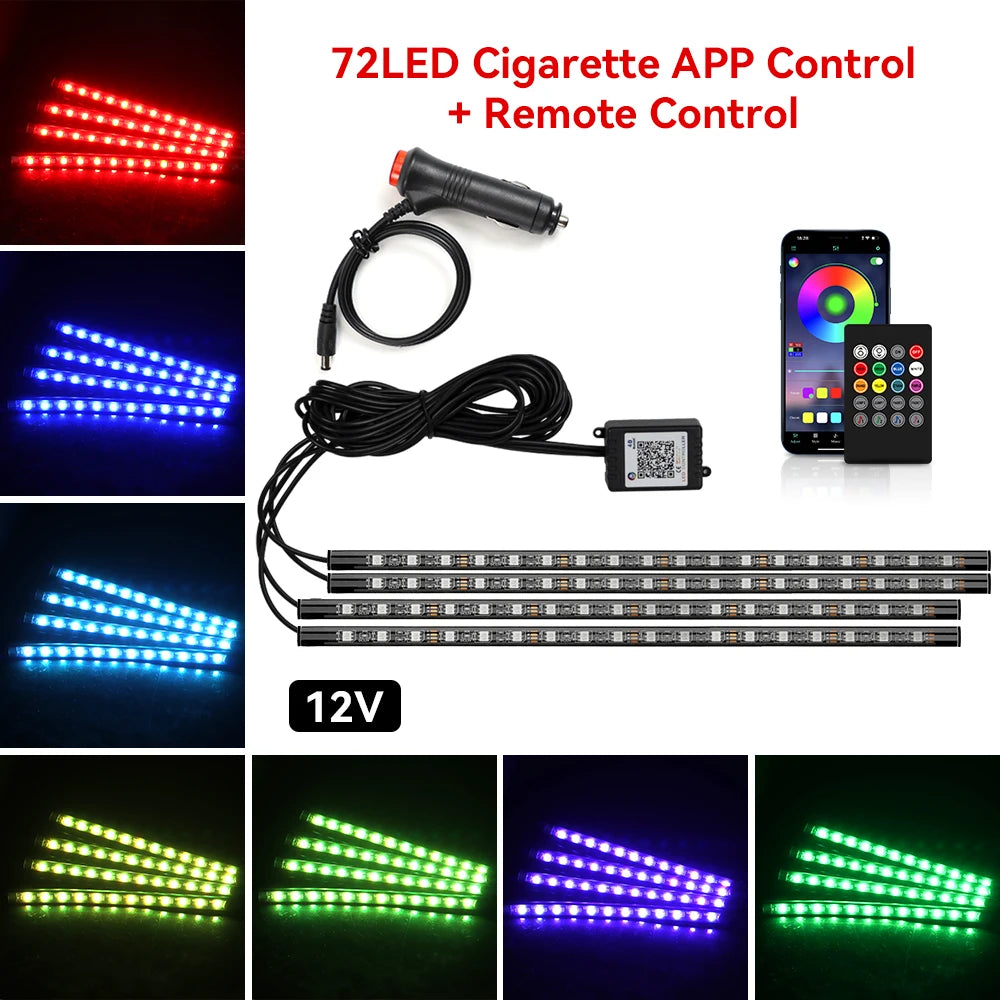 Neon 36 48 72 LED Car Interior Ambient Foot Light Kit Backlight Remote App Music Control Auto RGB Atmosphere Decorative Lamp