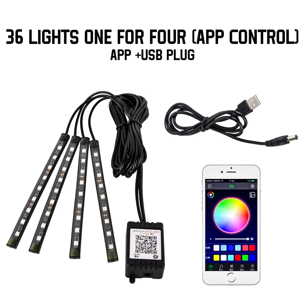 Neon 36 48 72 LED Car Interior Ambient Foot Light Kit Backlight Remote App Music Control Auto RGB Atmosphere Decorative Lamp