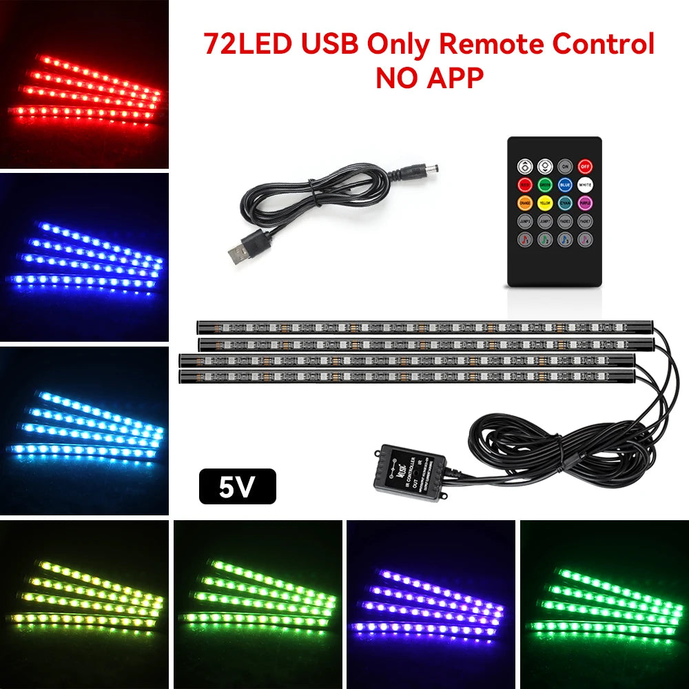 Neon 36 48 72 LED Car Interior Ambient Foot Light Kit Backlight Remote App Music Control Auto RGB Atmosphere Decorative Lamp